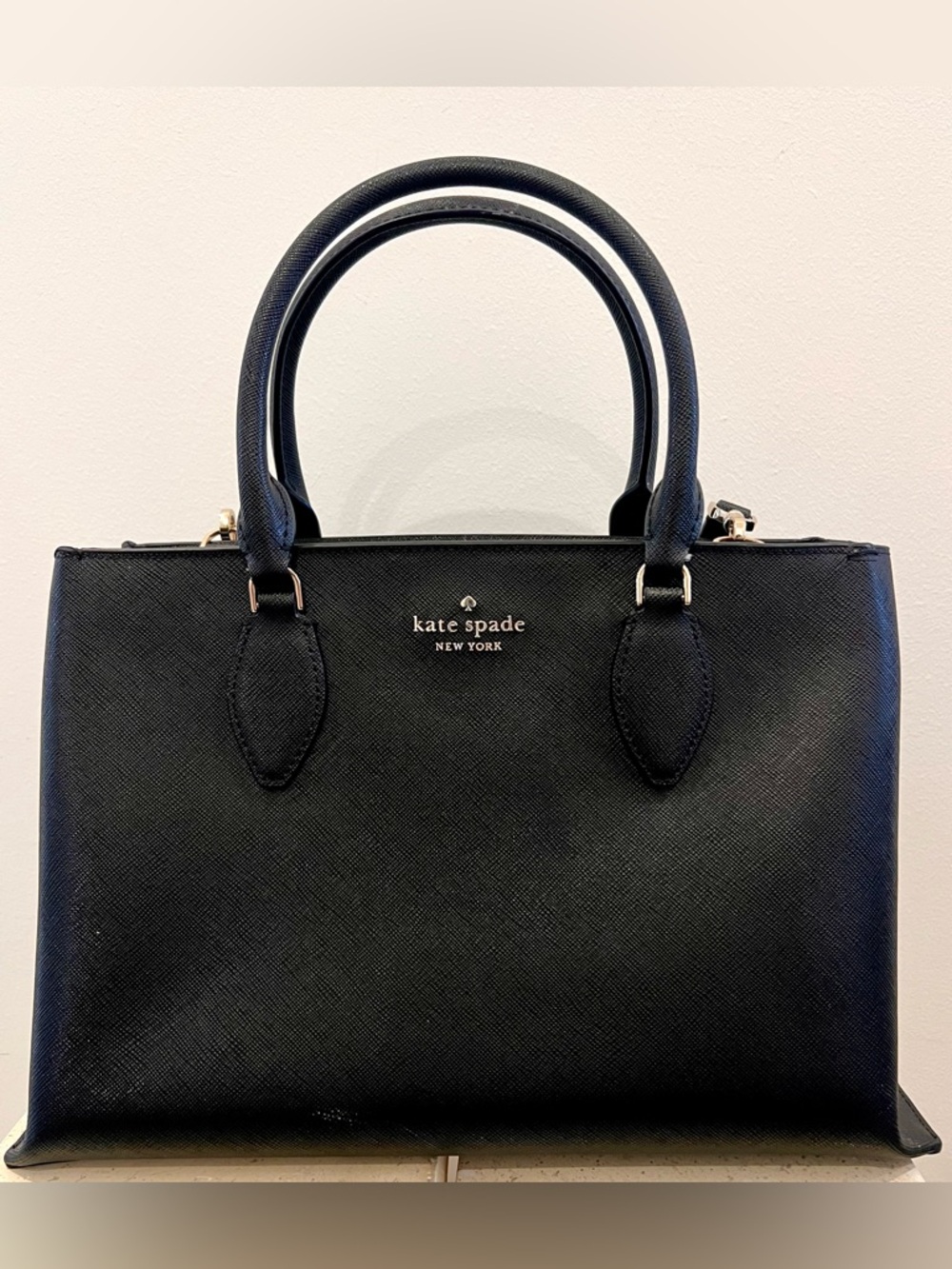 Kate Spade Black Saffiano Leather Structured Tote Satchel w/ Crossbody Strap